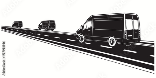 Line of delivery trucks waiting on a highway with a traffic sign. Vector