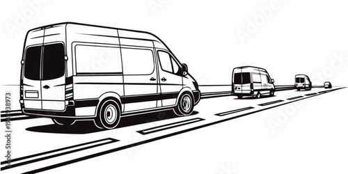 A black and white illustration of a truck, a car, and a motorcycle on a road Vector