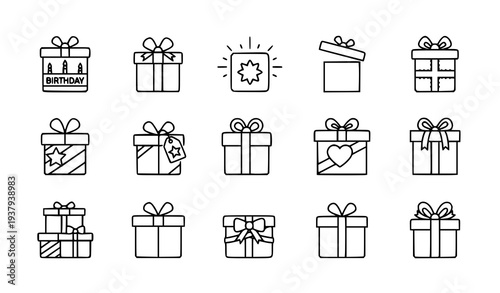 Gift box line icons set with birthday present ribbon bow and surprise package outline vector symbols