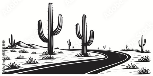 A winding road through a desert landscape with tall cacti and distant mountains. Vector