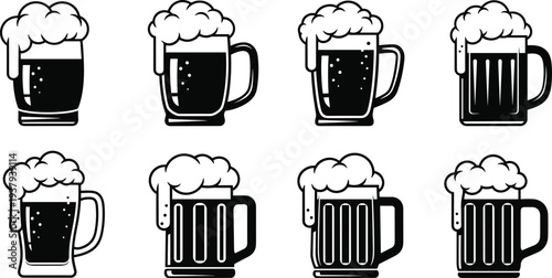 Collection of eight stylized frothy beer mugs in graphic illustration design, perfect for bar, pub, Oktoberfest, celebration, and party themes
