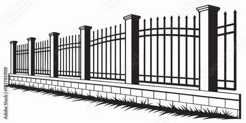 A detailed illustration of a tall, ornate metal fence with pointed tops and brick pillars. Vector