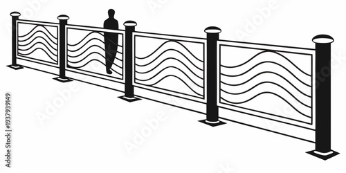 A black metal fence with a curved design and square posts. Vector