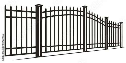 A decorative black metal fence with curved top and pointed finials. Vector