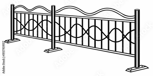 A decorative metal fence with intricate designs and curved top bars. Vector