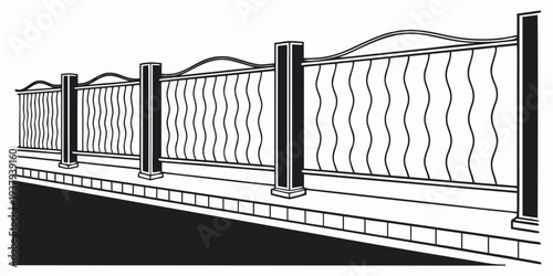 A detailed illustration of a long fence with evenly spaced posts and panels. Vector
