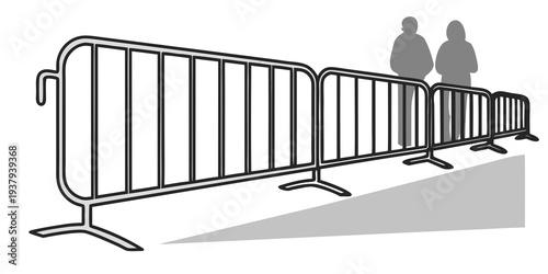Two people standing behind a long row of metal barricades. Vector