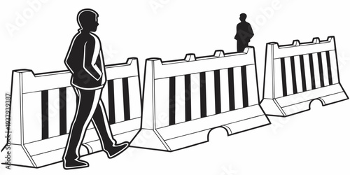 A person walking past a row of concrete barriers on a sidewalk. Vector