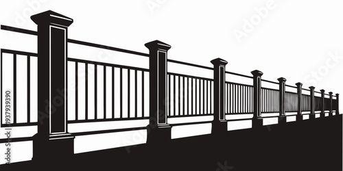 A long line of black and white metal fencing stretches into the distance. Vector