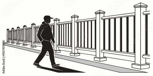 A man walking past a row of pillars in a historical architectural setting. Vector