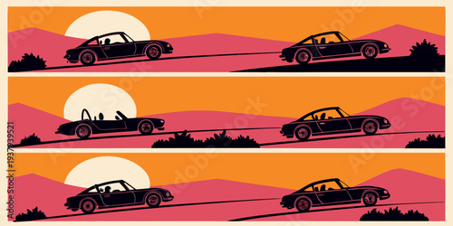 A vibrant sunset over a desert landscape with various vehicles and structures. Vector