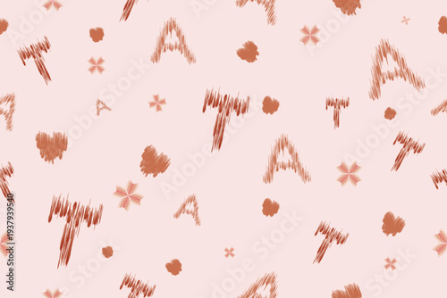 Pastel pink alphabet ikat seamless pattern with soft woven texture. Decorative letter motif ideal for nursery wallpaper, upholstery fabric, feminine interior decor, and textile printing.

