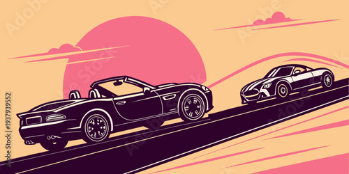 Two futuristic vehicles racing on a track under a vibrant sunset sky Vector
