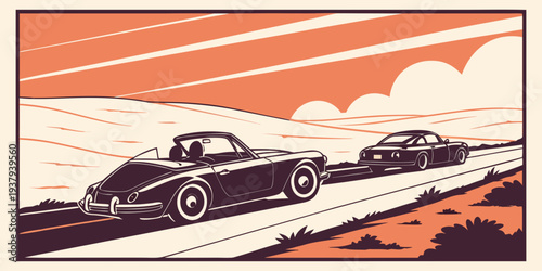 A vintage car race on a sunny day with a scenic backdrop of mountains and palm trees Vector