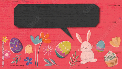 Happy Easter greeting card, poster or banner hand drawn illustrated risograph defect printing on old roneo paper fluorescent pink color background.