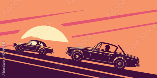 Two futuristic cars racing on a track during a vibrant sunset Vector