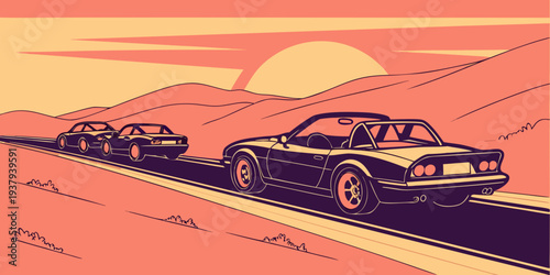 A group of people riding dune buggies across a vast desert landscape Vector