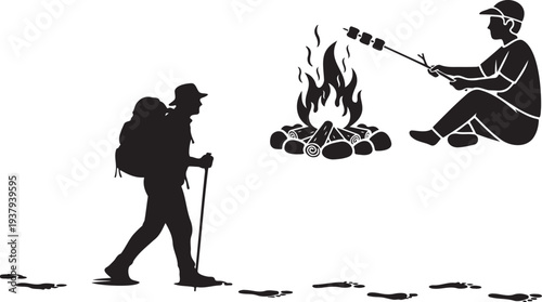 Silhouetted hikers enjoy a campfire and roasting marshmallows outdoors
