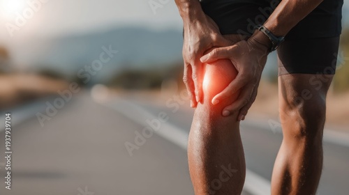 Runner experiencing intense knee pain and discomfort during outdoor exercise