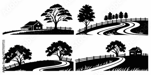 A serene landscape featuring a winding road, trees, and distant mountains. Vector