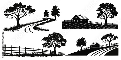 A serene landscape featuring various natural elements and a fence. Vector