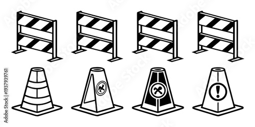 Various traffic signs and barriers depicted in a black and white illustration Vector