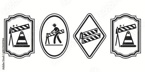 Four distinct road signs indicating caution, pedestrian crossing, and no entry. Vector