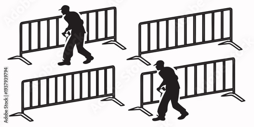 A man walking past a series of vertical barriers, with one barrier partially open. Vector