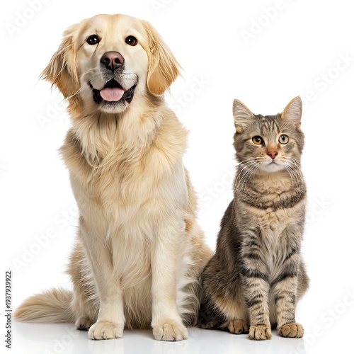 Happy golden retriever dog and gray tabby cat sitting together looking friendly and calm against a clean white background in a heartwarming animal friendship scene.