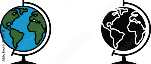 Color and black white globes on stands earth blue