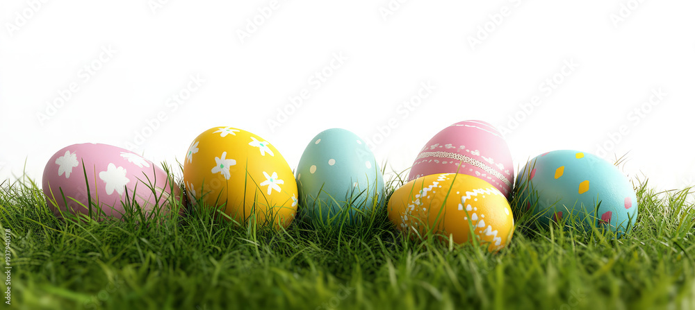 Fototapeta premium colorful easter eggs in green grass on a transparent background,
