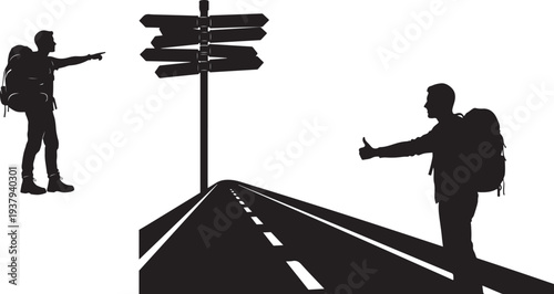 A traveler points toward a direction indicated by multiple signposts