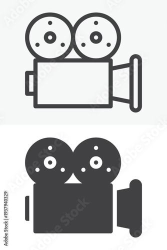 Movie camera cinema recording device line and solid icon set. Outline and solid vector sign. Movie camera icon symbol with editable stroke representing film production equipment.