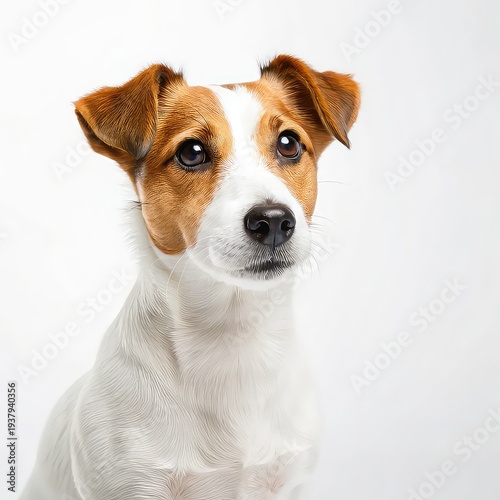 Adorable jack russell terrier with distinctive brown markings and a white coat gazes directly at the camera with its large dark eyes and perked-up ears.