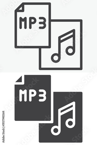 MP3 audio file document line and solid icon set. Outline and solid vector sign. MP3 file icon symbol with editable stroke representing digital compressed music format.