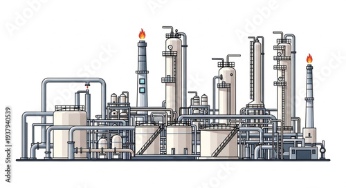 Modern industrial chemical plant with complex piping systems.