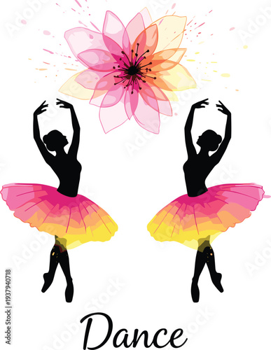 Two ballerina silhouettes dancing with colorful tutus and watercolor flower background for ballet performance, dance studio, feminine art, and elegant stage design element.