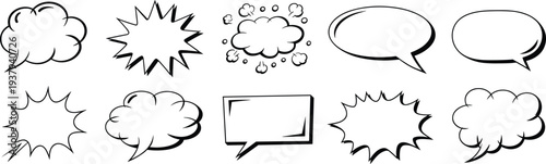 Nine different speech bubble and thought cloud shapes in black and white line style line black and white