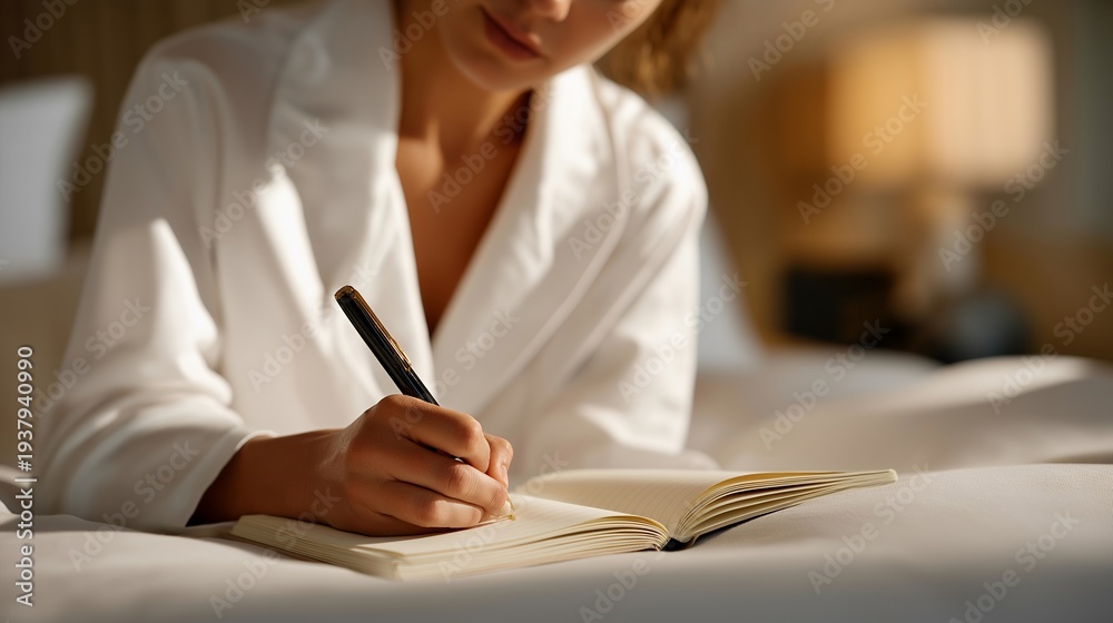 Fototapeta premium Person writing honest reflective journal entries about their emotional relationship with food and body image, perfect for psychological weight loss concept, food journal therapy, body image