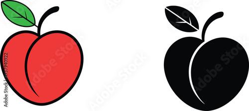 Red and black peach with green leaf fruit