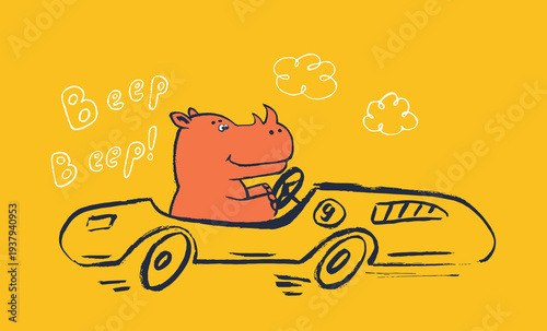 Rhinoceros racing car funny cool summer t-shirt print design. Race speed sports cabriolet auto. Slogan. Drive safari