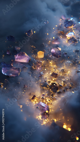 Wallpaper Mural Glowing crystals float in smoky, mysterious darkness Torontodigital.ca