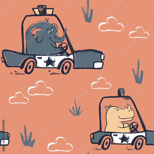 Elephant, rhinoceros on police car funny cool t-shirt seamless pattern. Officer road trip print design.