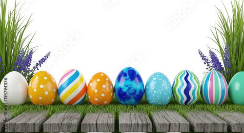 A row of colorful Easter eggs on a wooden plank with grass and flowers on transparent background