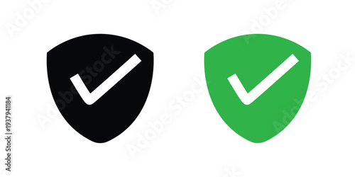 Check mark shield icon set. Security verification and approved protection symbols. Black and green vector icons.
