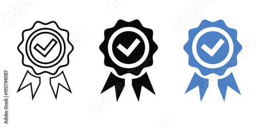 Quality badge check mark icon set. Certification ribbon award and approved seal symbols. Outline, solid and blue vector icons.