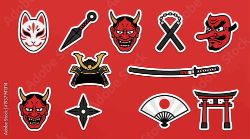 Japanese masks and swords in a graphic illustration