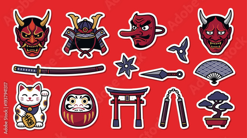 Japanese culture symbols set on red background