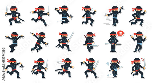 Ninja character illustrations in various action poses