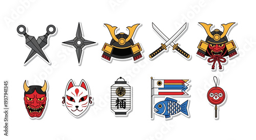 Ninja symbols and masks displayed together on white